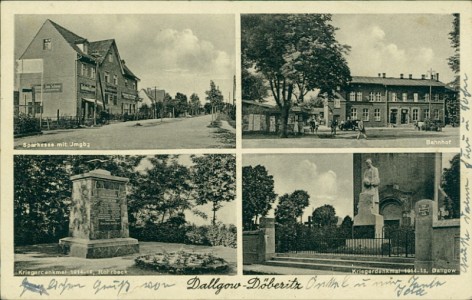 Alte Ansichtskarte Dallgow-Döberitz, Sparkasse mit Umgbg., Bahnhof, Kriegerdenkmal Rohrbeck, Kriegerdenkmal Dallgow