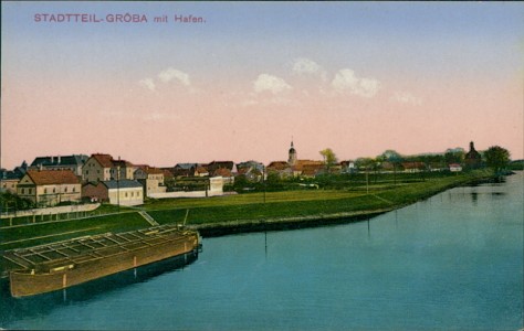 Alte Ansichtskarte Stadtteil-Gröba mit Hafen, 