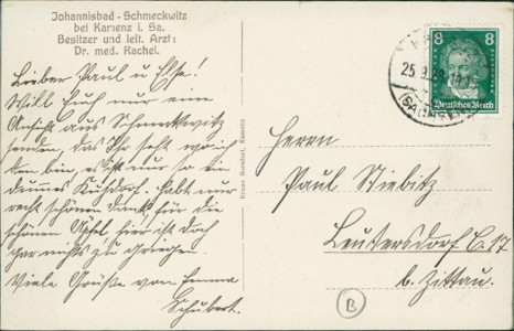 Adressseite der Ansichtskarte Johannisbad-Schmeckwitz bei Kamenz i. Sa., Moor- u. Eisenschwefelbad, Luftkurort