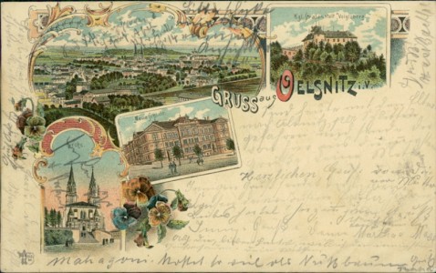 Alte Ansichtskarte Gruss aus Oelsnitz i. V., Kgl. Strafanstalt, Voigtsberg, Neue Schule, Kirche