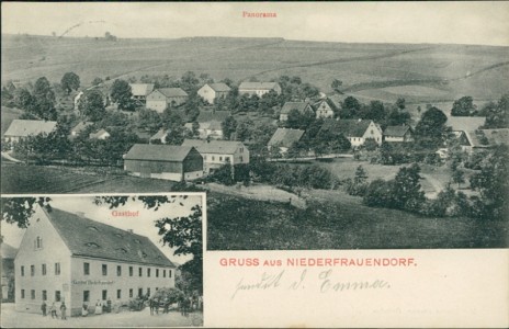 Alte Ansichtskarte Gruss aus Niederfrauendorf, Panorama, Gasthof
