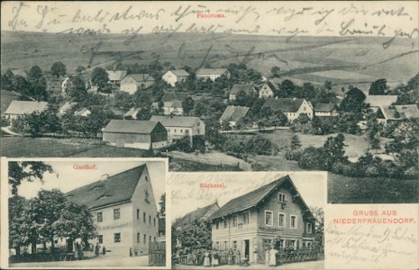 Alte Ansichtskarte Gruss aus Niederfrauendorf, Panorama, Gasthof, Bäckerei
