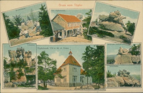 Alte Ansichtskarte Gruss vom Töpfer, Alte Töpferbaude, Töpferbaude 578 m üb. d. Ostsee