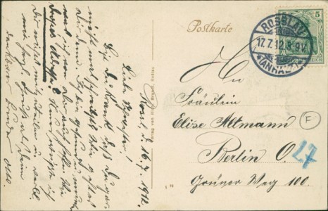 Adressseite der Ansichtskarte Rosslau, Zur Erinnerung an die 6. Landesversammlung der Gemeindebeamten Anhalt's den 16. Juni 1912