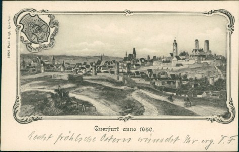 Alte Ansichtskarte Querfurt anno 1650, Gesamtansicht mit Wappen der Stadt Querfurt