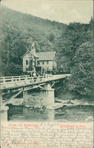 Alte Ansichtskarte Treseburg im Harz, Kirche und Bodebrücke