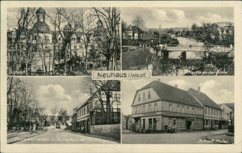 Alte Ansichtskarte Neuhaus i.Westf., Schloß, Partie an der Alme, Paderbornerstr. m. Schloßportal, Schloß-Hotel