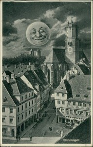 Alte Ansichtskarte Memmingen, Teilansicht mit Mondgesicht