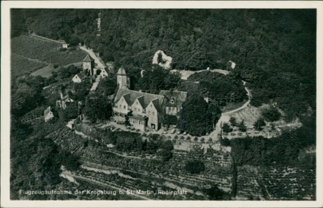 Alte Ansichtskarte Kropsburg bei St. Martin, Rheinpfalz, Flugzeugaufnahme der Kropsburg