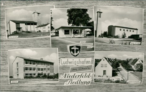 Alte Ansichtskarte Ludwigshafen am Rhein, Niederfeld-Siedlung. Prot. Kirche, Kiosk Zimmermann-Hahl, Kath. Kirche, Schule, Lüderitzstraße