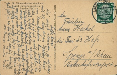 Adressseite der Ansichtskarte Landau-Pfalz, St. Vincentiuskrankenhaus mit Entbindungsheim