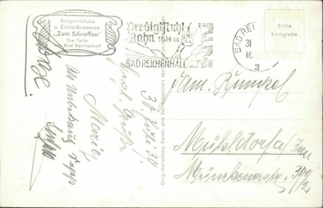 Adressseite der Ansichtskarte Bad Reichenhall, Bergwirtshaus u. Enzianbrennerei z. Schroffen