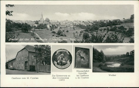 Alte Ansichtskarte Kemel an der Bäderstraße (Untertaunus), Teilansicht, Gasthaus zum hl. Cyprian, Weiher