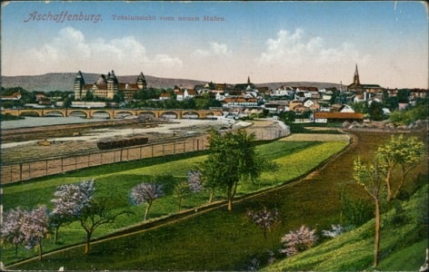Alte Ansichtskarte Aschaffenburg, Totalansicht vom neuen Hafen