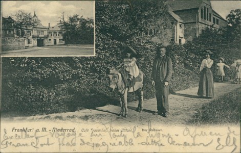 Alte Ansichtskarte Frankfurt a. M.-Niederrad, Café Frauenhof, früher Milani. Der Reitesel