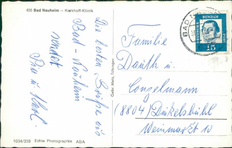 Adressseite der Ansichtskarte Bad Nauheim, Kerkhoff-Klinik
