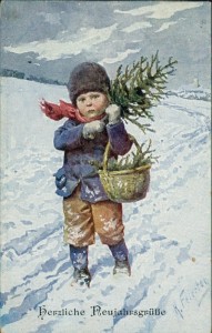 Alte Ansichtskarte Herzliche Neujahrsgrüße, Knabe mit Tannenbaum