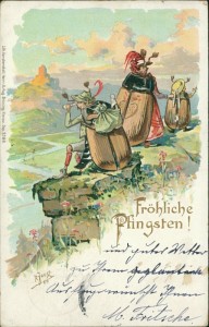 Alte Ansichtskarte Fröhliche Pfingsten, Vermenschlichte Maikäfer