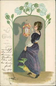 Alte Ansichtskarte Viel Glück im neuen Jahre, Frau hängt Kalender mit Datum 1. Januar 1902 auf
