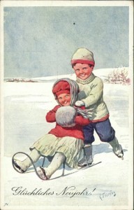 Alte Ansichtskarte Glückliches Neujahr, Kinder mit Schlitten