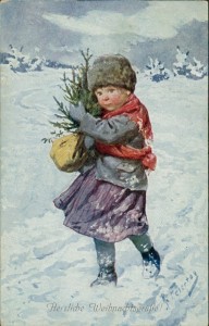 Alte Ansichtskarte Herzliche Weihnachtsgrüße, Mädchen mit Tannenbaum