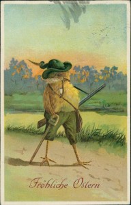 Alte Ansichtskarte Fröhliche Ostern, Kücken mit Pfeife geht auf die Jagd