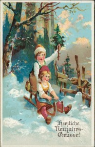 Alte Ansichtskarte Herzliche Neujahrsgrüße, Kinder auf Schlitten