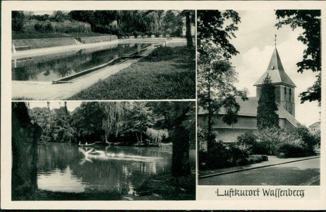 Alte Ansichtskarte Luftkurort Wassenberg, Schwimmbad, See, Kirche