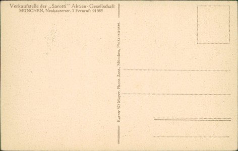 Adressseite der Ansichtskarte München, Neuhauserstr. 3, Verkaufsstelle der "Sarotti" Aktien-Gesellschaft