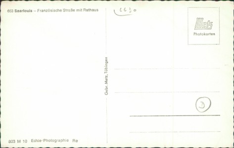 Adressseite der Ansichtskarte Saarlouis, Französische Straße mit Rathaus