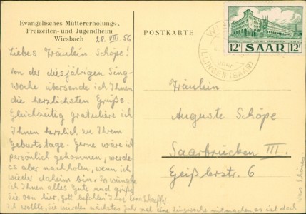 Adressseite der Ansichtskarte Wiesbach, Evangelisches Müttererholungs-, Freizeiten- und Jugendheim