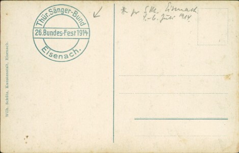 Adressseite der Ansichtskarte Eisenach, 26. Thüringer Sängerbundesfest 4.-6. Juli 1914