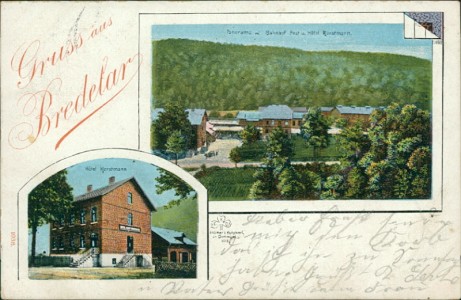 Alte Ansichtskarte Gruss aus Bredelar, Panorama mit Bahnhof, Post u. Hotel Horstmann, Hotel Horstmann