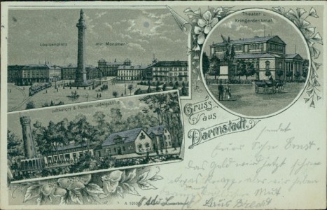 Alte Ansichtskarte Gruss aus Darmstadt, Louisenplatz mit Monument, Theater u. Kriegerdenkmal, Luftkurort & Pension Ludwigshöhe