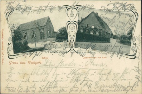 Alte Ansichtskarte Gruss aus Wangels, Schule, Gastwirtschaft von Rüss