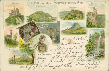 Alte Ansichtskarte Gruss von der Schwäbischen Alb, Hohenzollern, Hohenstaufen, Rechberg, Lichtenstein, Teck, Achalm, Uracher Wasserfall, Salmandinger Kapelle