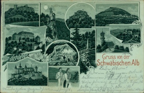 Alte Ansichtskarte Gruss von der Schwäbischen Alb, Achalm Lichtenstein, Neuffen, Hohenstaufen, Tübinger Schloss, Hohenzollern