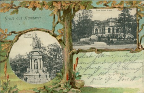 Alte Ansichtskarte Gruss aus Hannover, Krieger-Denkmal, Das Neue Haus