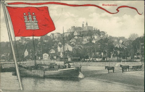 Alte Ansichtskarte Blankenese, Gesamtansicht mit Flagge