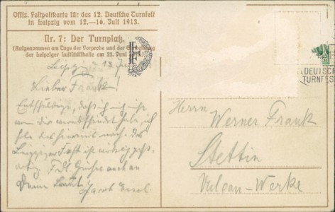 Adressseite der Ansichtskarte Leipzig, Offiz. Festpostkarte für das 12. Deutsche Turnfest in Leipzig vom 12.-16. Juli 1913. Nr. 7: Der Turnplatz