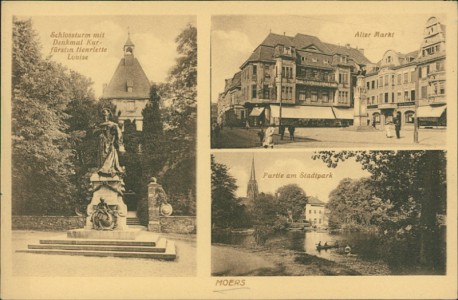 Alte Ansichtskarte Moers, Schlossturm mit Denkmal Kurfürstin Henriette Louise, Alter Markt, Partie im Stadtpark