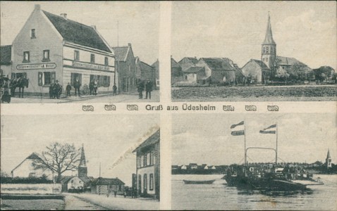 Alte Ansichtskarte Gruß aus Üdesheim, Schenkwirtschaft von August Veiser, Kirche, Partie im Ort, Rheinfähre