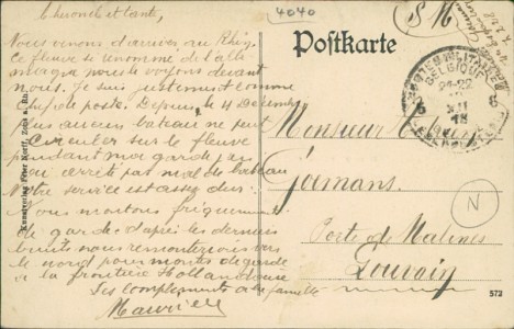 Adressseite der Ansichtskarte Gruß aus Uedesheim a. Rh., Restaurant z. Ponte v. Hub. Boes, Ponte, Dorfstraße, Rheinpartie