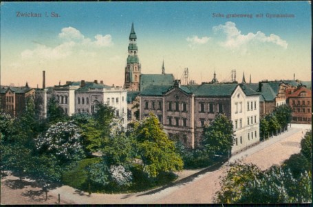 Alte Ansichtskarte Zwickau i. Sa., Schulgrabenweg mit Gymnasium