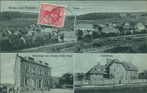Alte Ansichtskarte Gruss aus Freisen, Total, Möbelhaus von Johann Keller Wwe., Schulhaus
