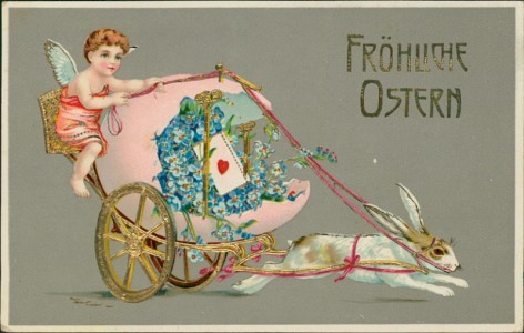 Alte Ansichtskarte Fröhliche Ostern, Osterhase zieht Osterei-Kutsche