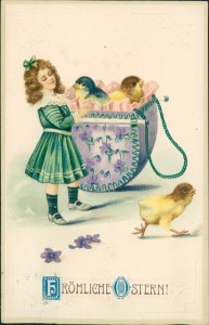 Alte Ansichtskarte Fröhliche Ostern, Mädchen mit Kücken