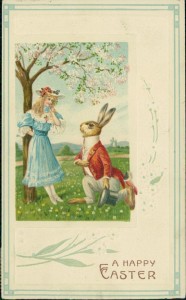 Alte Ansichtskarte A Happy Easter, Osterhase macht Mädchen einen Antrag