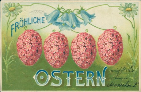 Alte Ansichtskarte Fröhliche Ostern, Ostereier aus Blumen im Jugendstil-Rahmen aus Glockenblumen und Margeriten