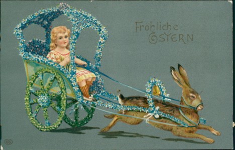 Alte Ansichtskarte Fröhliche Ostern, Osterhase zieht Wagen geschmückt mit Vergissmeinnicht